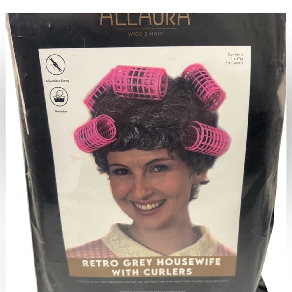 Retro Grey Housewife Wig‎ with Pink Curlers